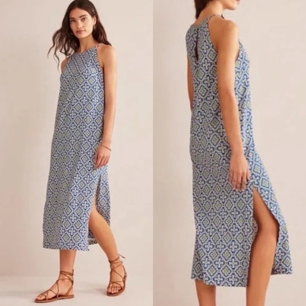 Boden racer neck jersey dress‎ in blue heron flora tile print